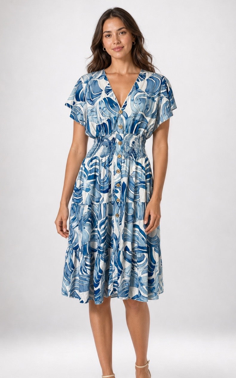 Abstract Stripe Tiered Midi Dress