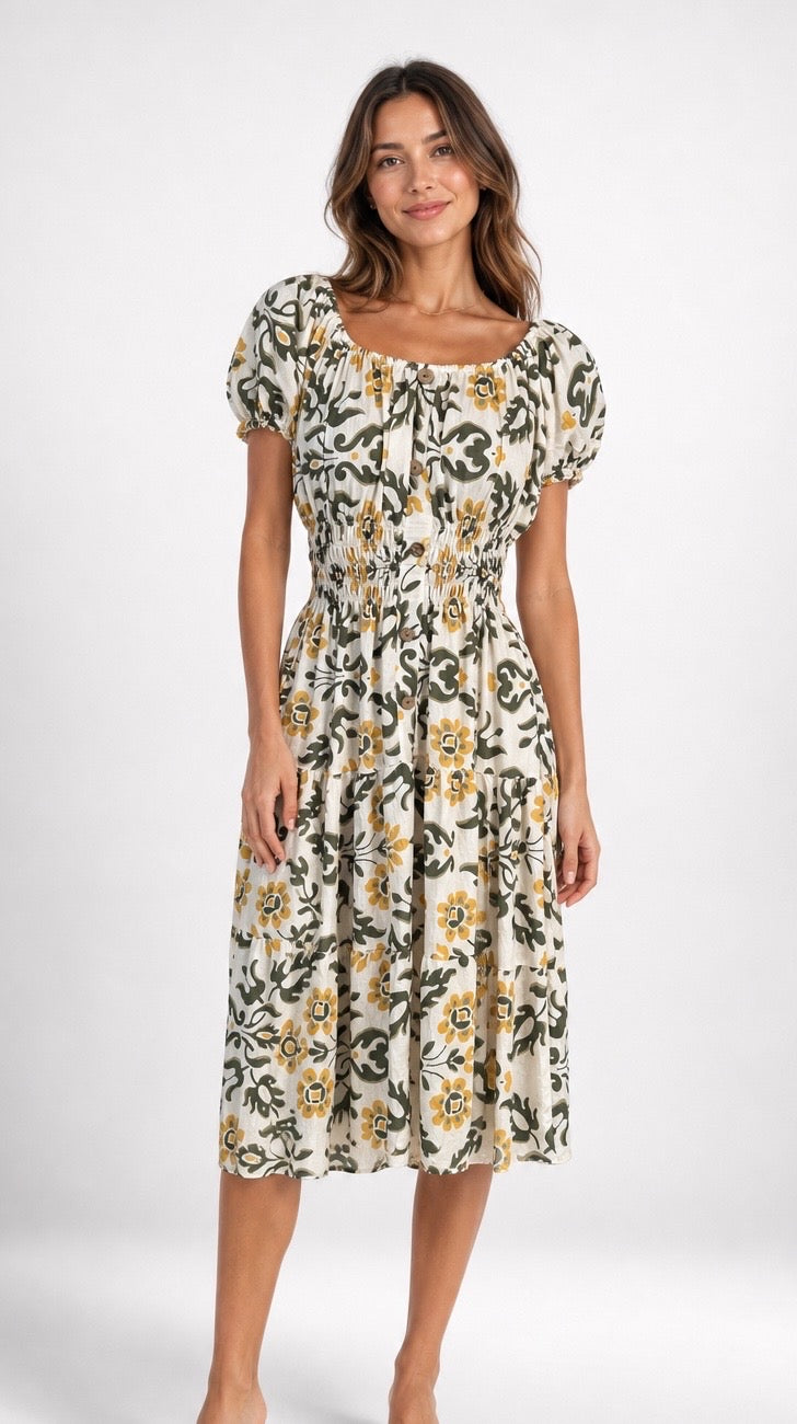 Damask Leaf Tiered Midi Dress