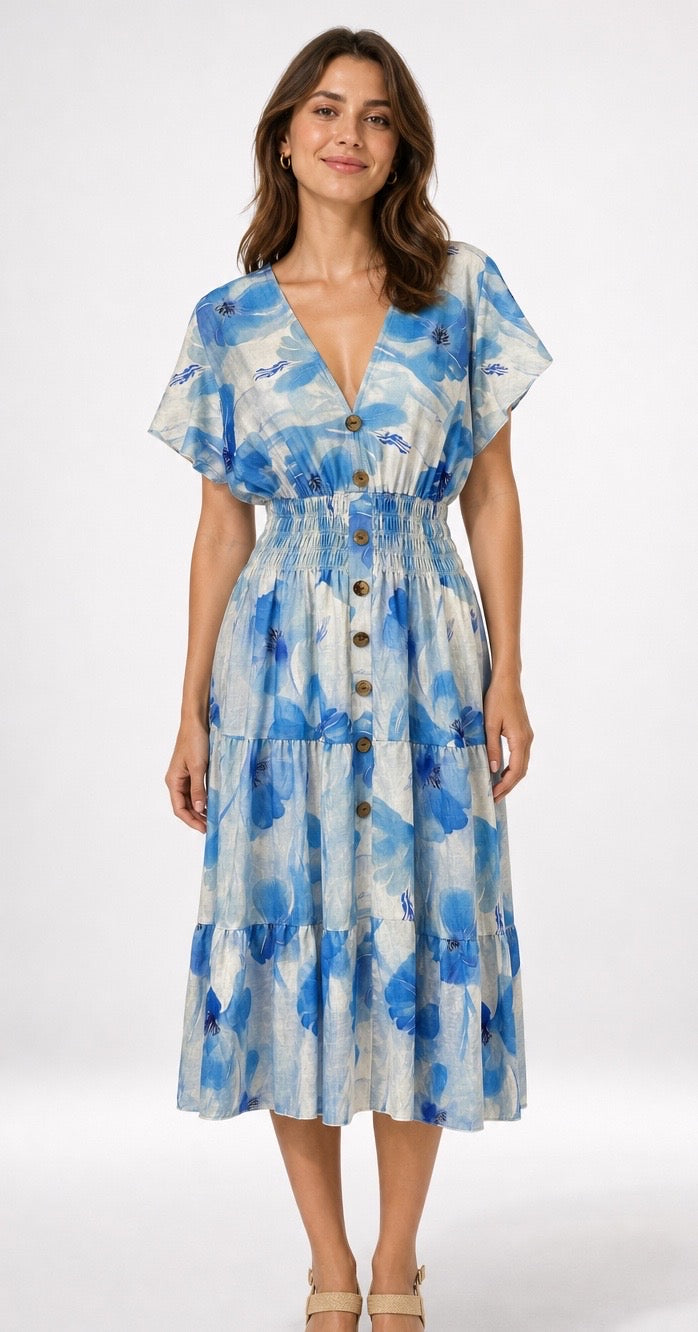 Faded Floral Print Midi Dress