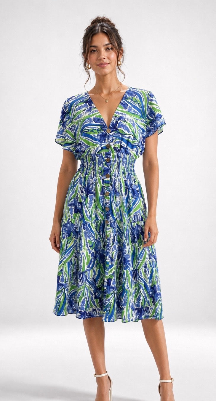 Floral Abstract Shirred Midi Dress
