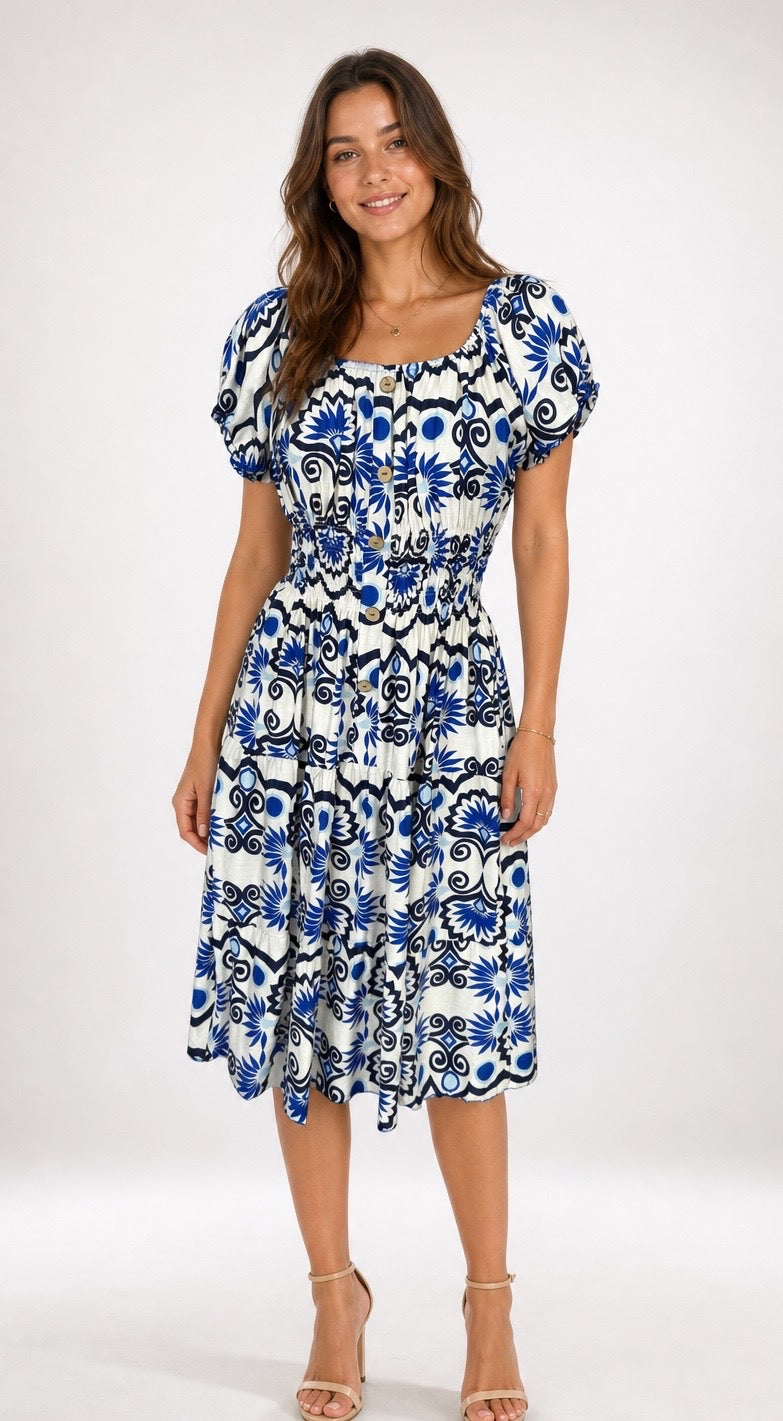 Damask Print Tiered Midi Dress