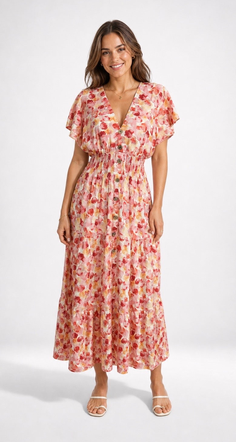 Watercolour Floral Print Shirred Waist Midi Dress
