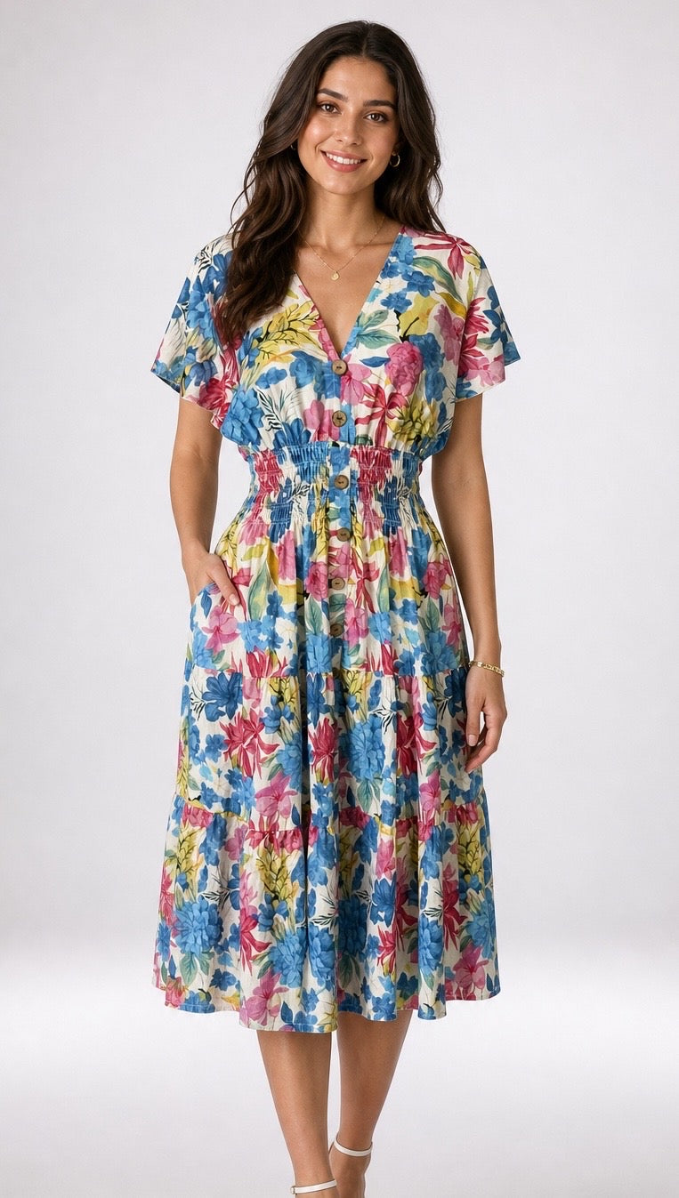 Vintage Floral Print Midi Dress