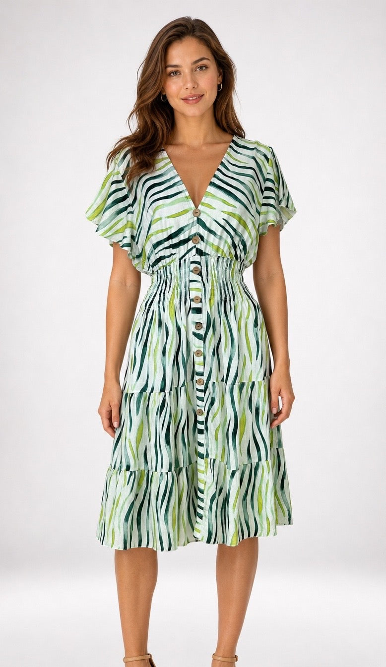 Animal Stripe Midi Dress with Flutter Sleeves