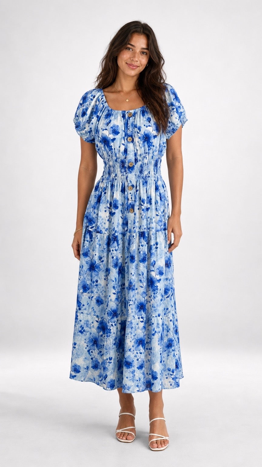 Smocked Waist Water Flower Midi Dress