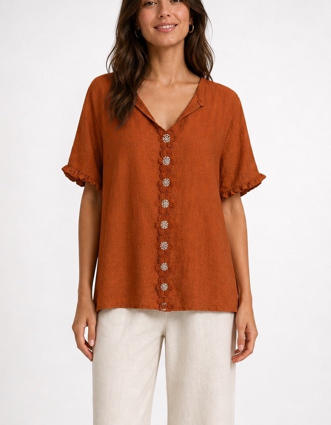 Textured Blouse with Floral Button Detail