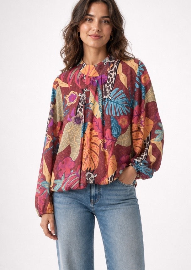 High Neckline Blouse with Balloon Sleeves