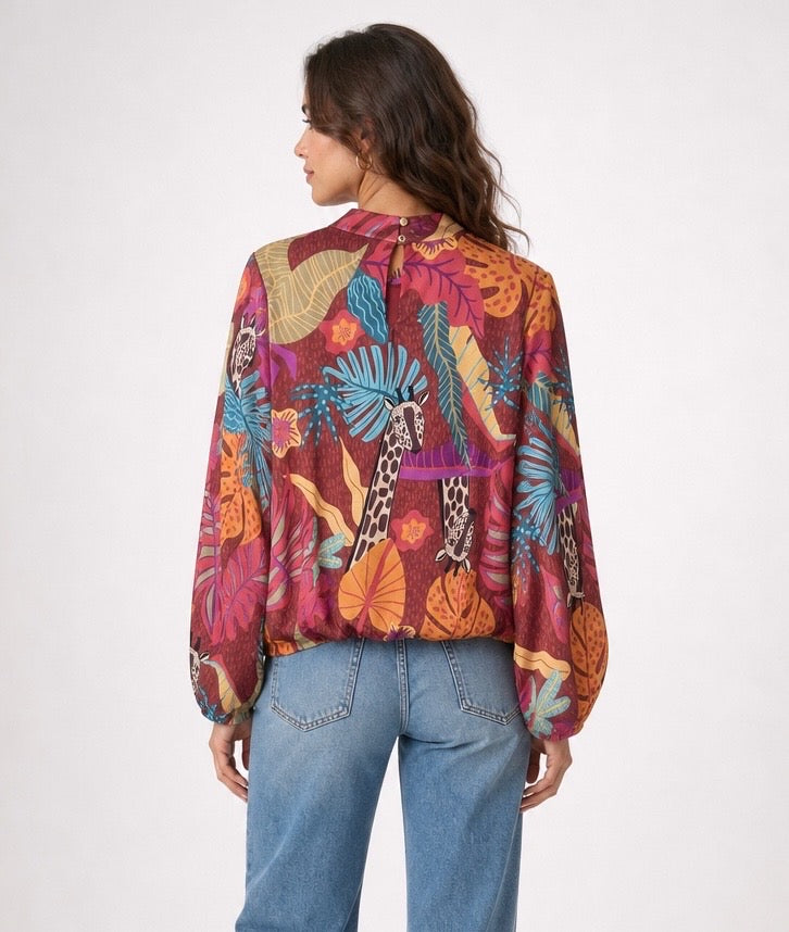 High Neckline Blouse with Balloon Sleeves