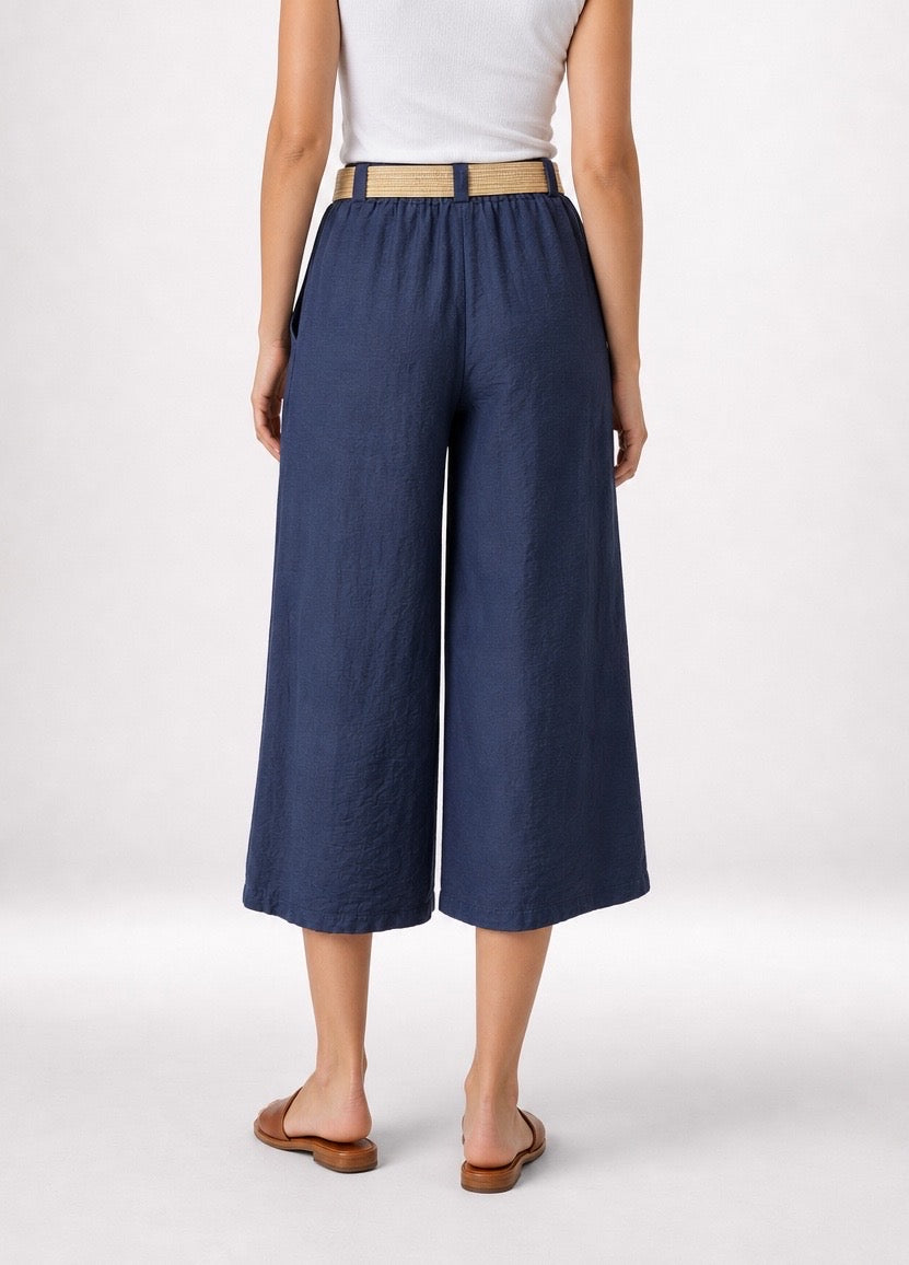 Textured Culotte Trousers with Woven Belt