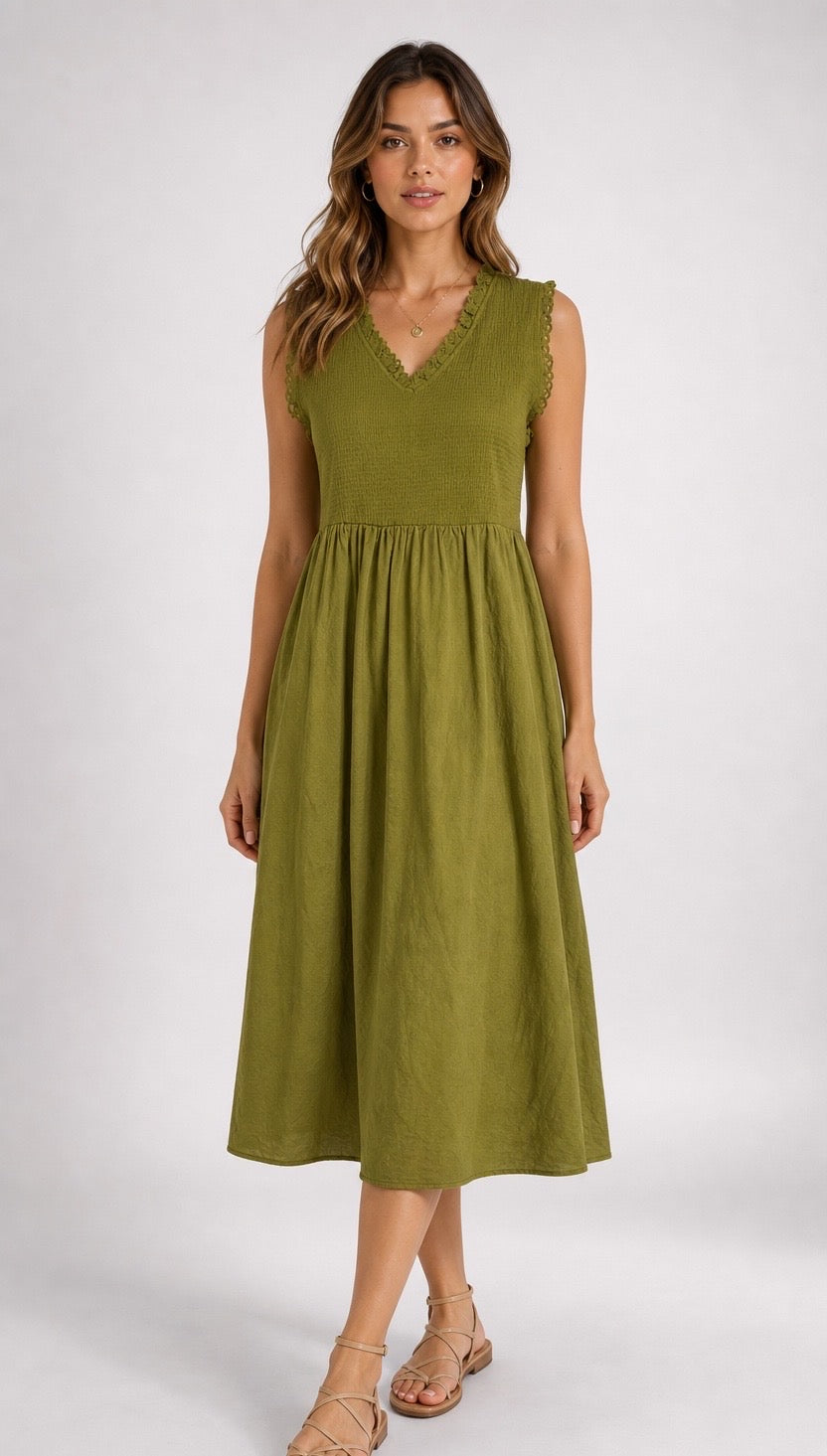 Smocked V-Neck Midi Dress