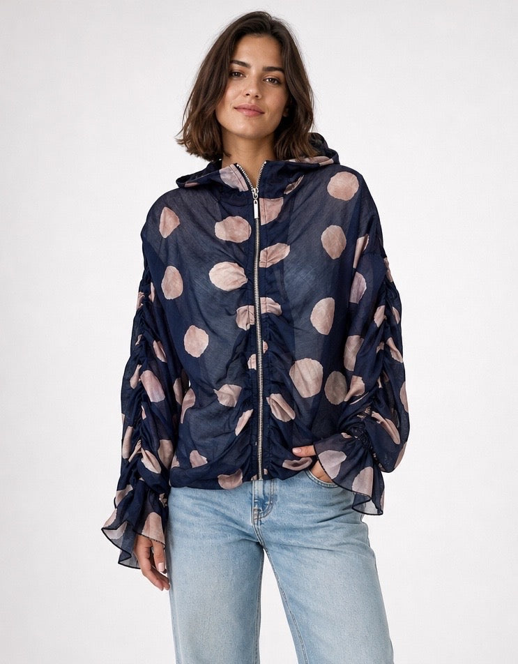 Polka Dot Ruched Sleeve Hooded Jacket