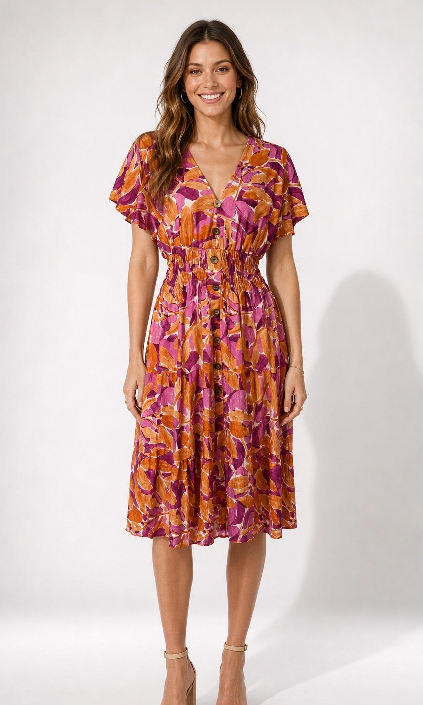 Abstract Leaf Flutter Sleeve Midi Dress