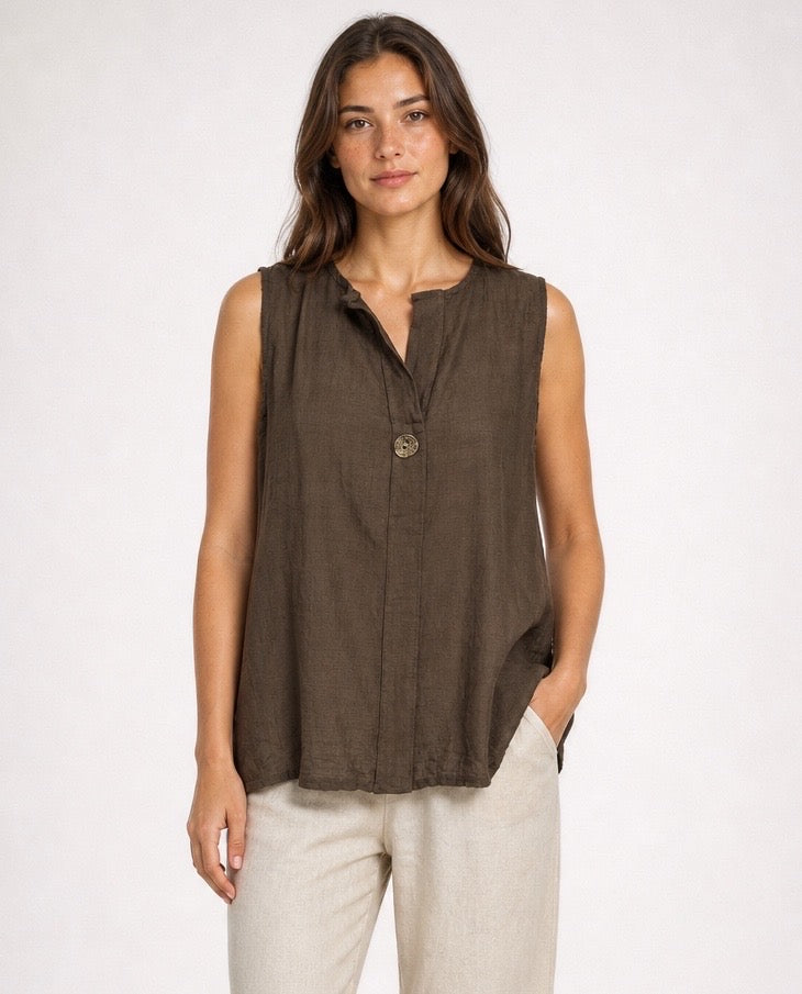 Linen Blend Sleeveless Top with Button Detail