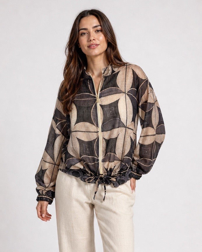 Graphic Print Bomber Jacket with Drawstring Hem