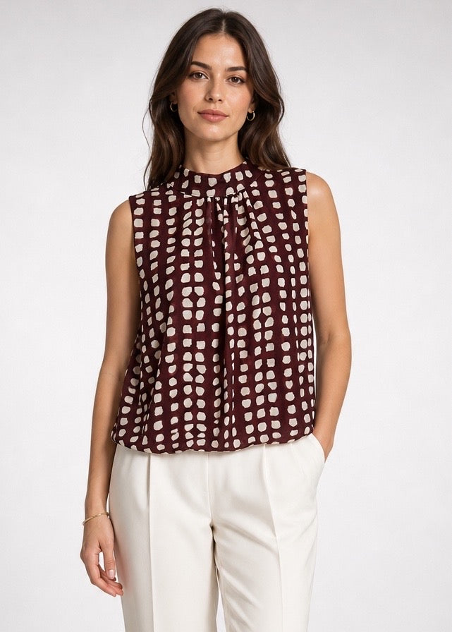 Pleated High Neck Sleeveless Blouse
