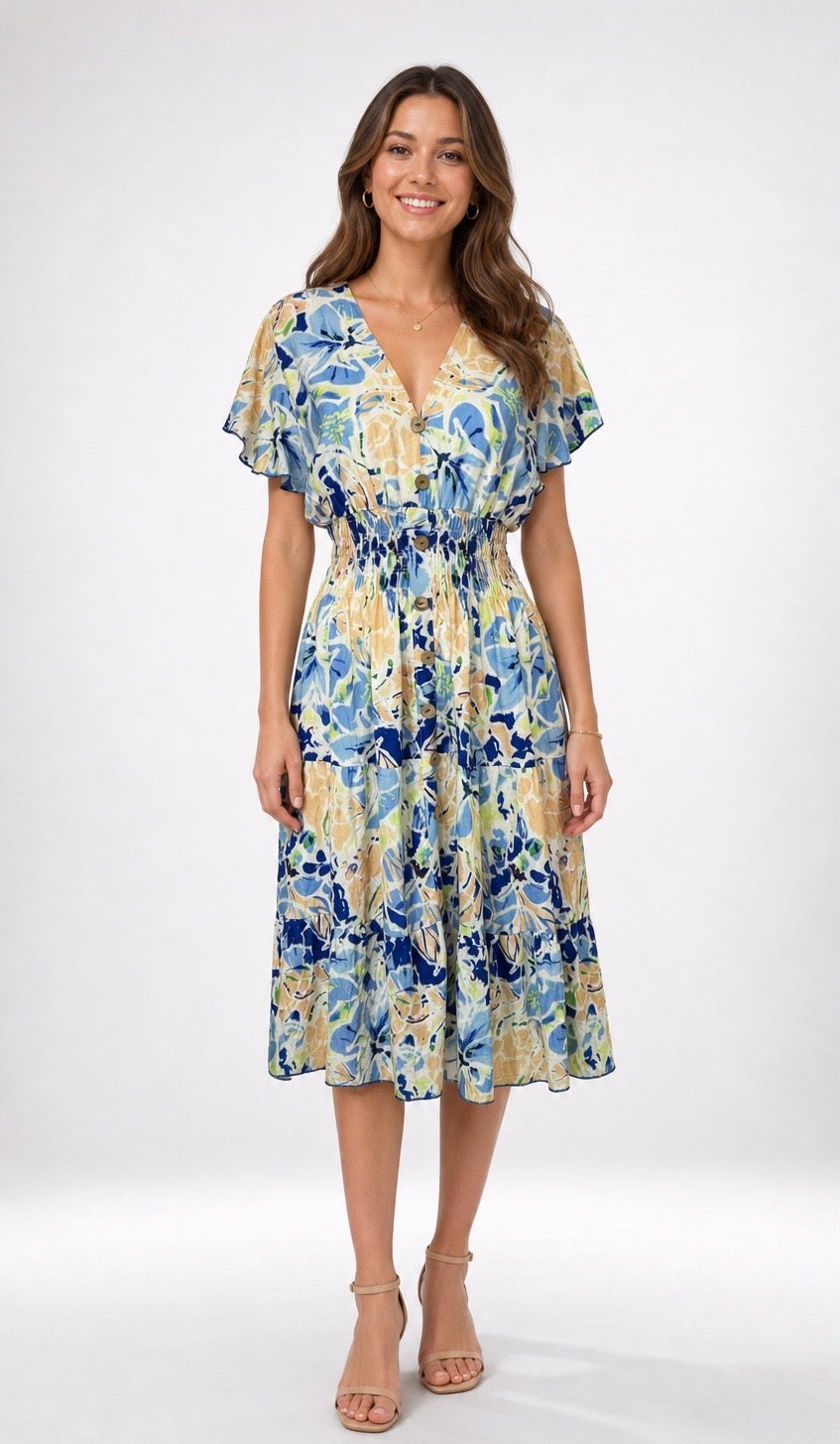 Floral Print Midi Dress with Flutter Sleeves