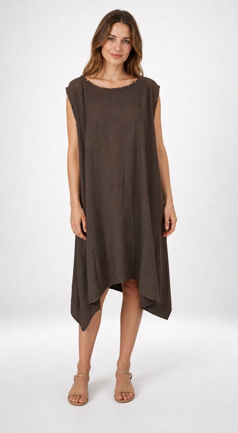 Studded Boat Neck Asymmetric Hem Dress