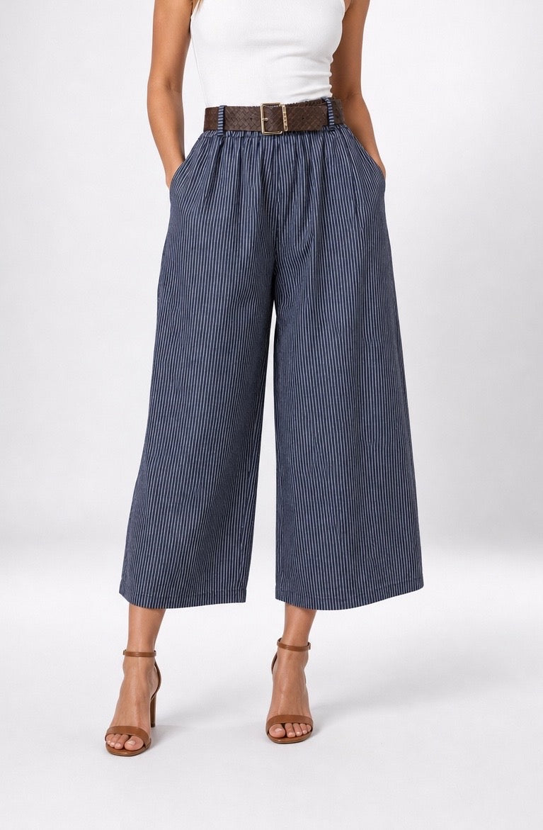 Pinstripe Belt Waist Wide-Leg Culottes