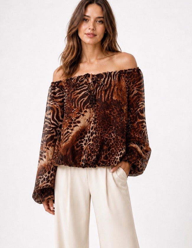 Animal Print Off-the-Shoulder Blouse