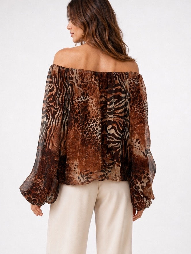 Animal Print Off-the-Shoulder Blouse