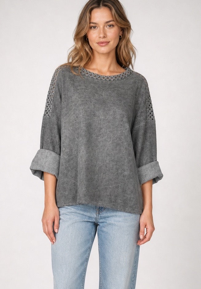 Crochet Neck Distressed Knit Top