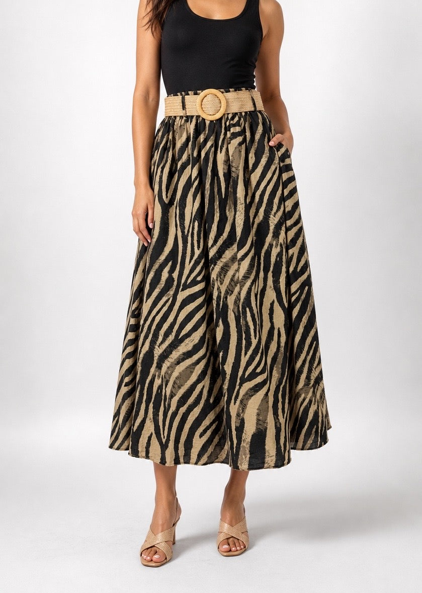 Zebra Print Maxi Skirt with Woven Belt