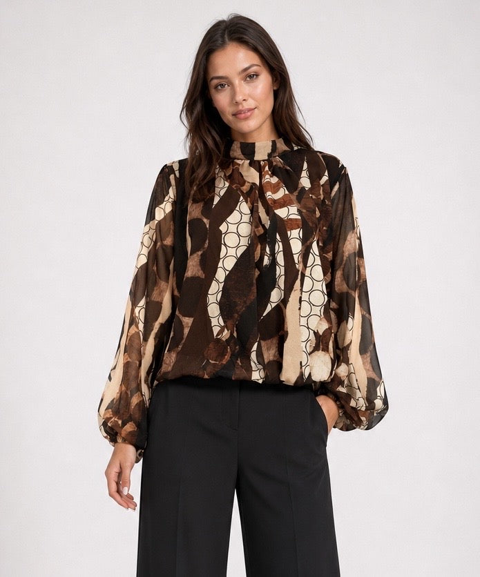 Abstract Print Mock Neck Blouse