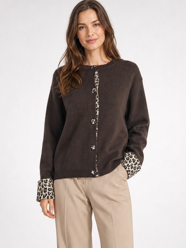 Leopard Trim Knit Cardigan