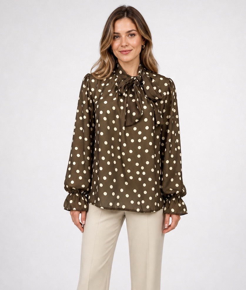 Polka Dot Bow Neck Blouse