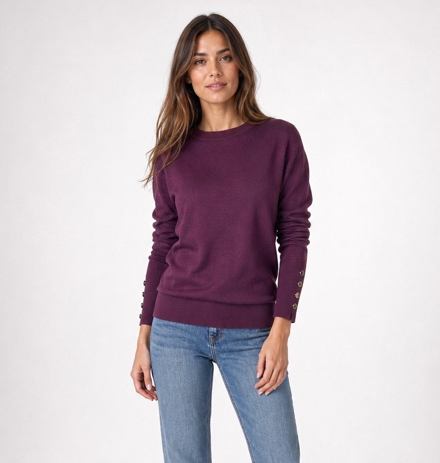 Button Cuff Fine Knit Jumper