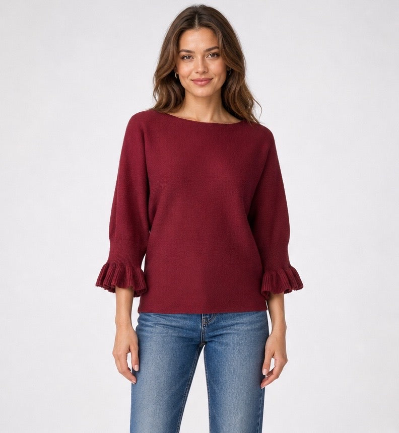 Ruffle Cuff Boat Neck Jumper