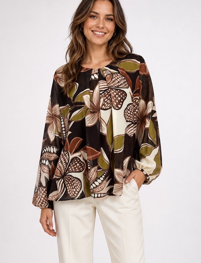 Botanical Print Balloon Sleeve Blouse