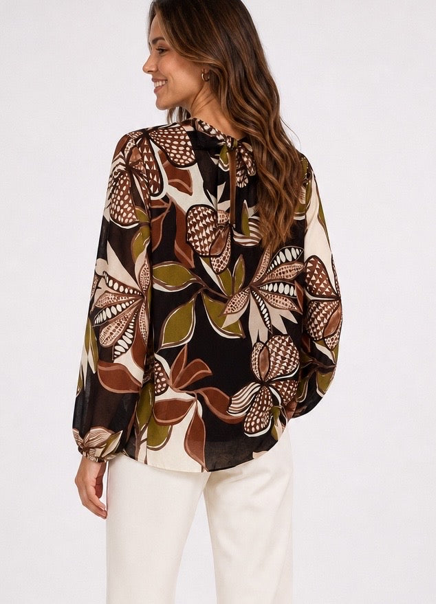 Botanical Print Balloon Sleeve Blouse