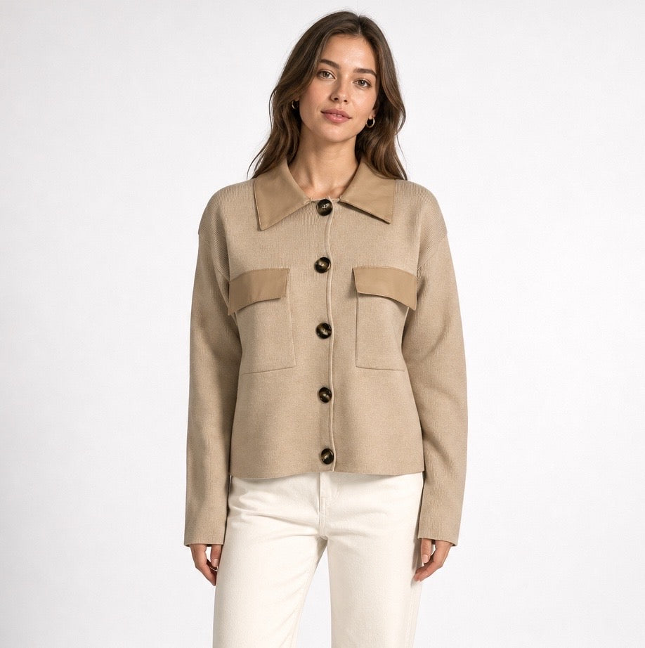 Collared Faux Leather Trim Knit Jacket