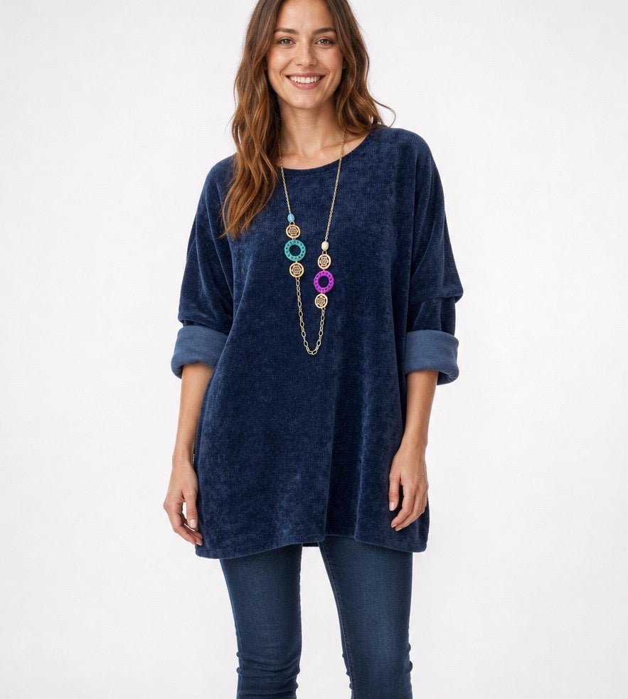 Velour Necklace Top with Rolled Cuffs