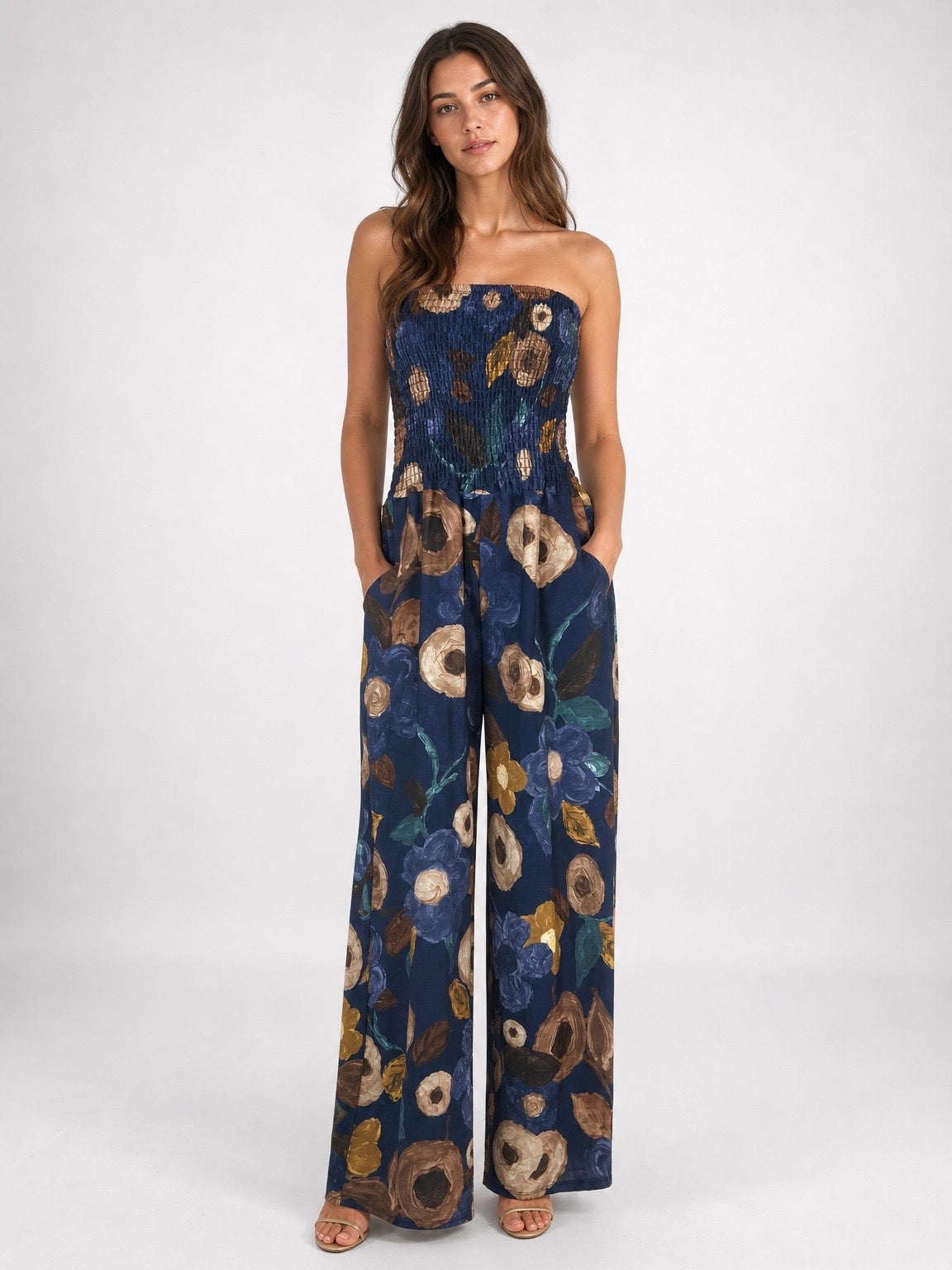 Smocked Bodice Floral Jumpsuit