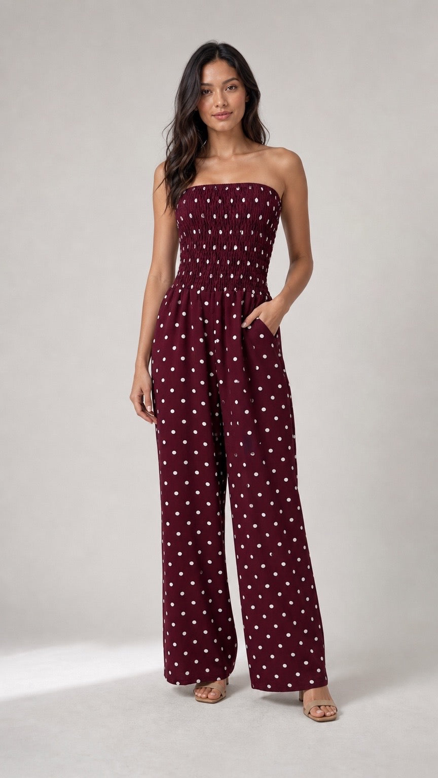 Polka Dot Shirred Strapless Wide-Leg Jumpsuit