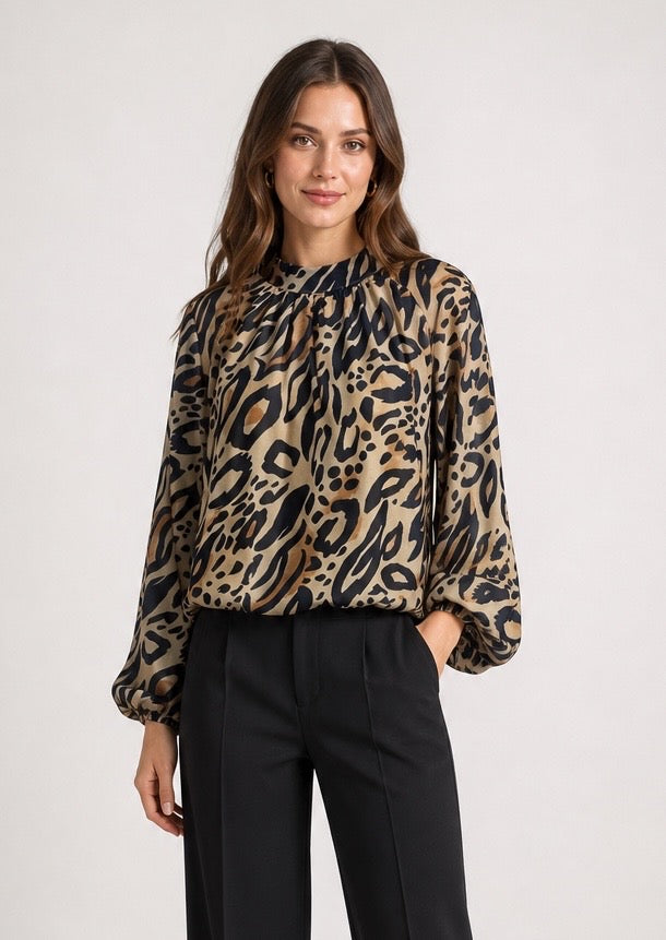 Animal Print Mock Neck Blouse