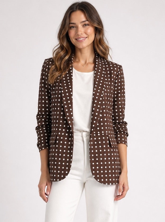 Polka Dot Ruched Sleeve Blazer