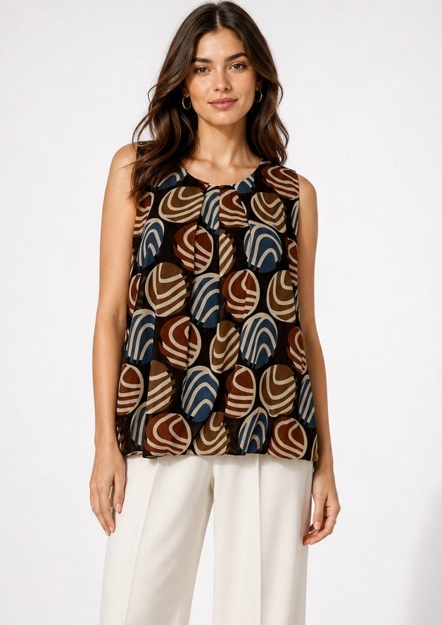 Abstract Print Pleated Blouse