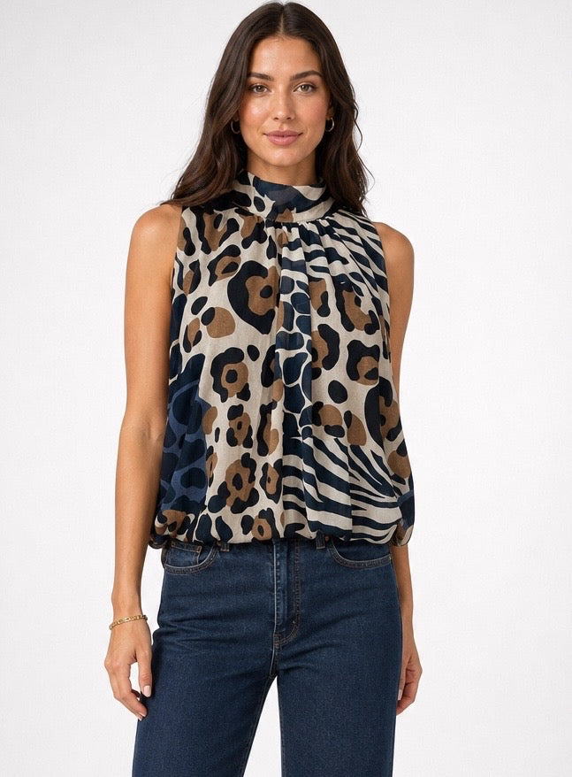 Animal Print High Neck Sleeveless Blouse