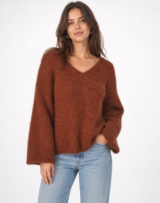 Wool Blend V-Neck Jumper with Flared Sleeves
