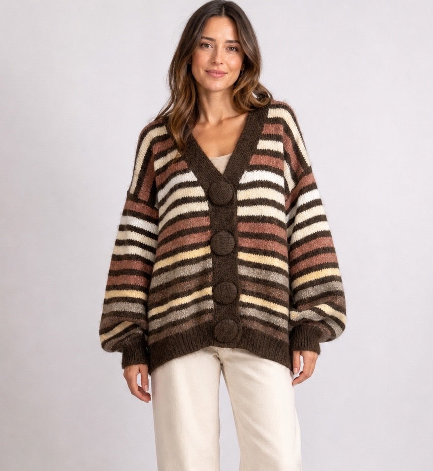 Striped Balloon Sleeve Wool Blend Cardigan