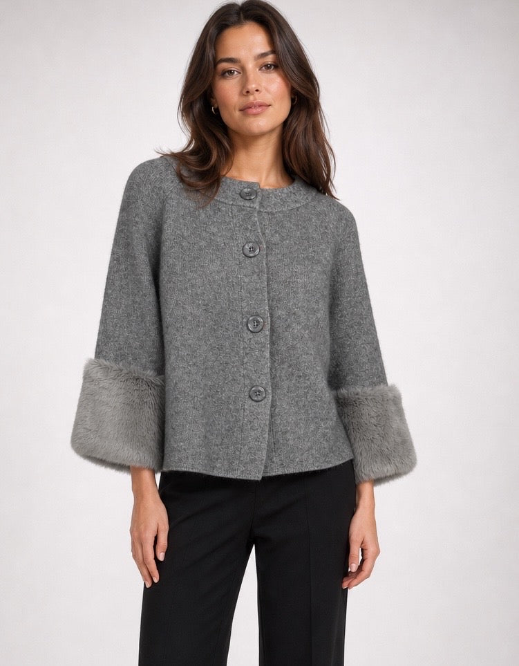 Faux Fur Trimmed Knit Cardigan