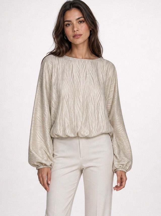 Textured Faux Suede Balloon Sleeve Blouse