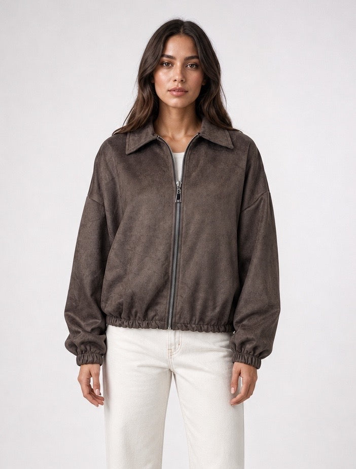 Oversized Faux Suede Bomber Jacket