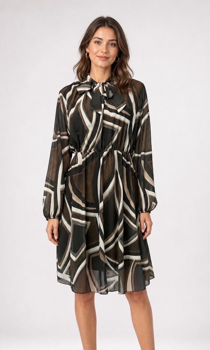 Abstract Print Pussy-Bow Chiffon Dress