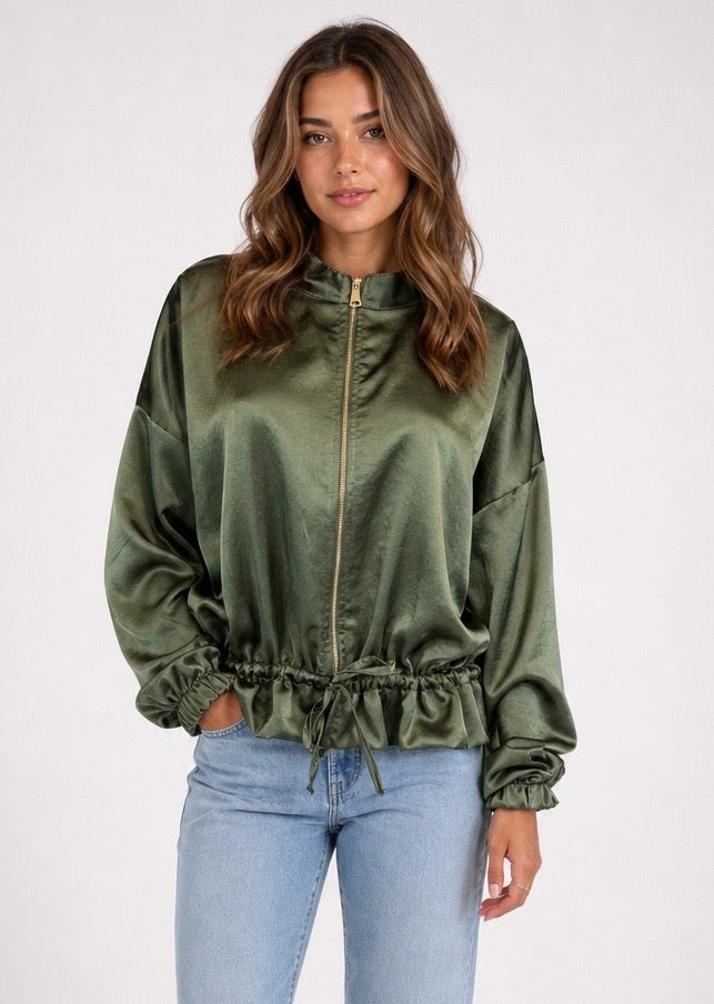 Satin Bomber Jacket with Drawstring Hem