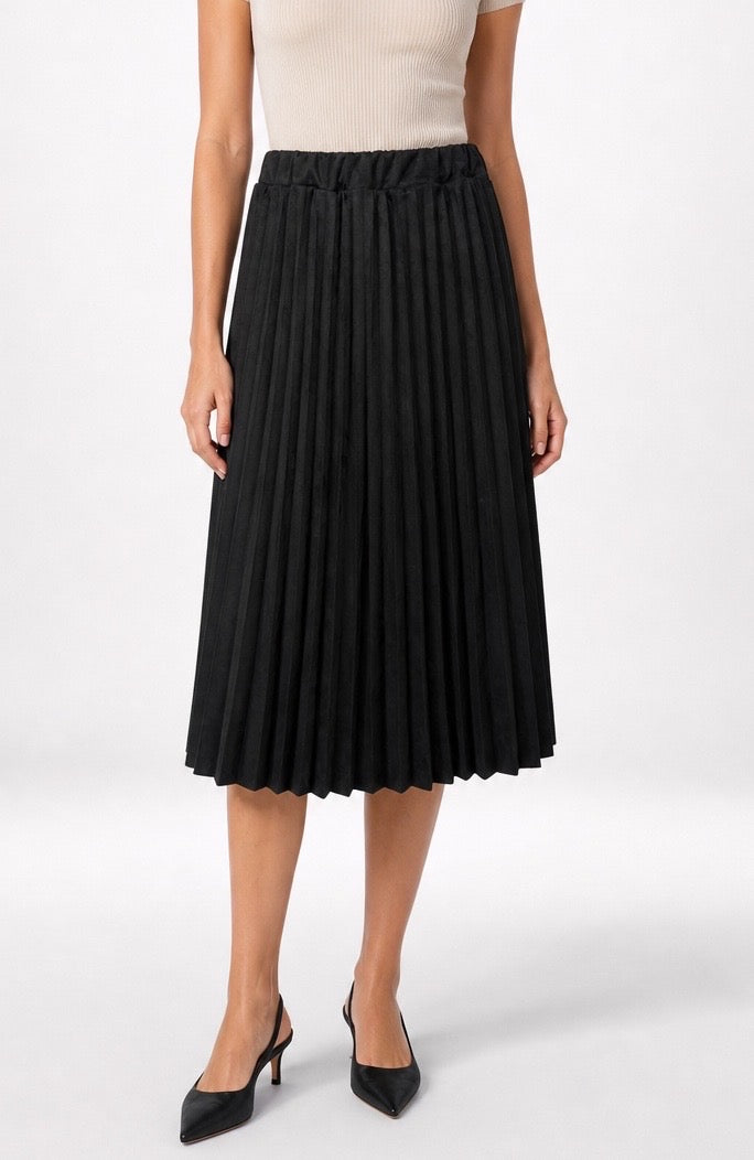Pleated Suede Midi Skirt