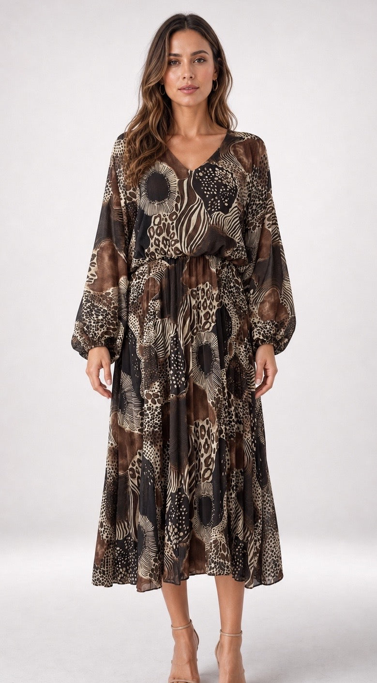 Tiered Multi Print Midi Dress